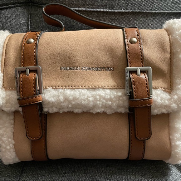 New 9” French Connection Suede Crossbody Bag Faux Fur Trims Buckle - Picture 1 of 6